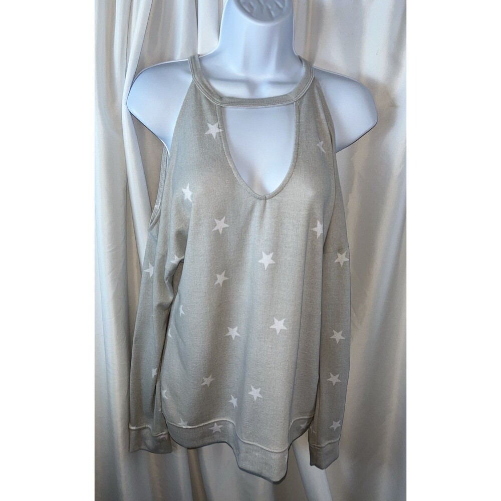 No Comment Grey Long Sleeve Cold Shoulder Women’s Sweater Size L White Star Y2K
